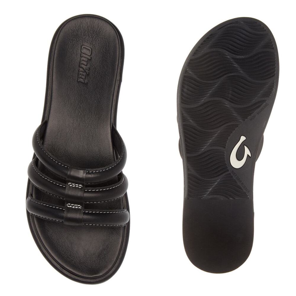 Olukai Tiare Slide Black Leather Slip On Sandals Women Size 7 - Picture 2 of 11